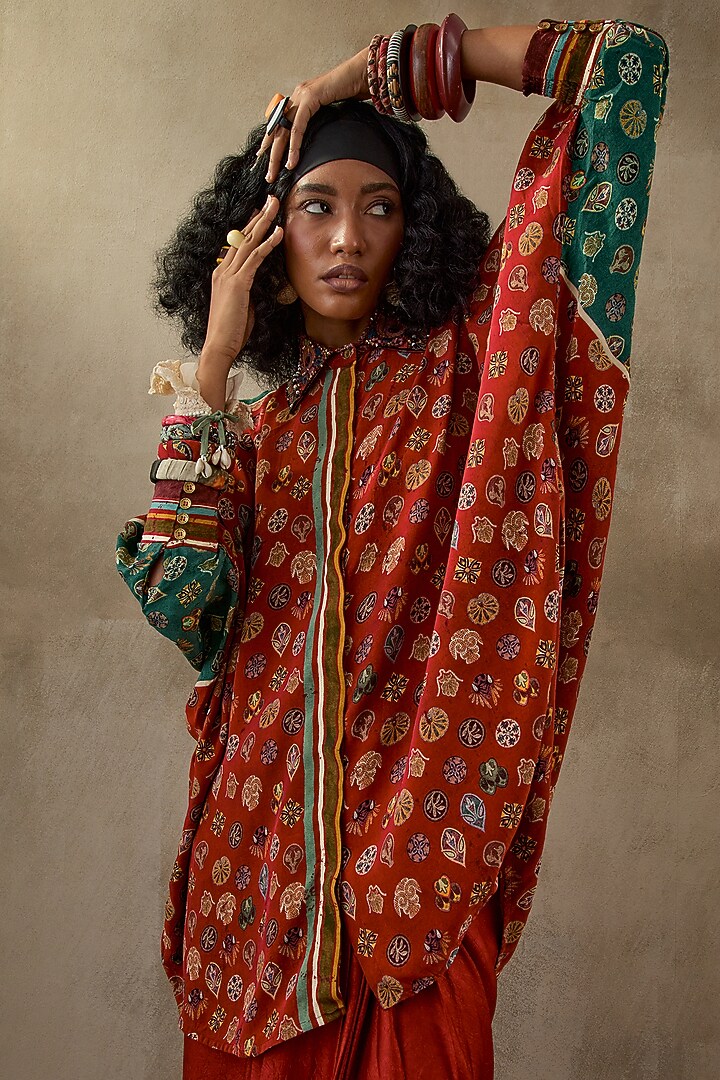 Sindoor Red Natural Crepe Trapeze Printed & Embroidered Shirt by ASEEM KAPOOR at Pernia's Pop Up Shop