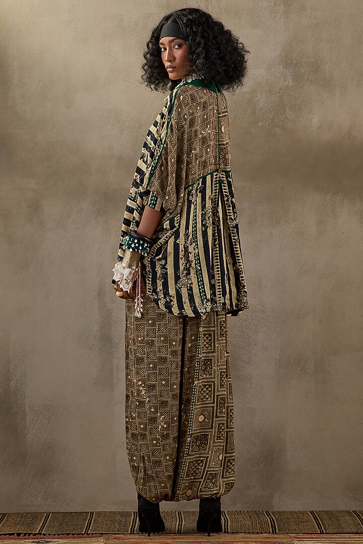 Black & White Natural Crepe Trapeze Printed & Embroidered Shirt by ASEEM KAPOOR at Pernia's Pop Up Shop