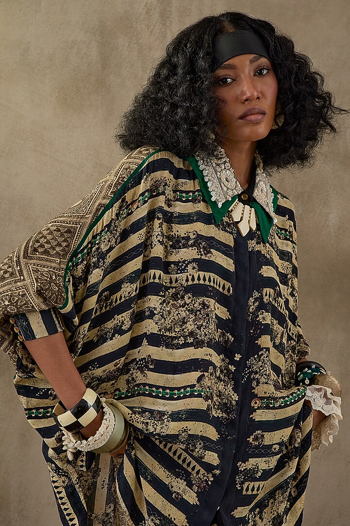Black & White Natural Crepe Trapeze Printed & Embroidered Shirt by ASEEM KAPOOR at Pernia's Pop Up Shop