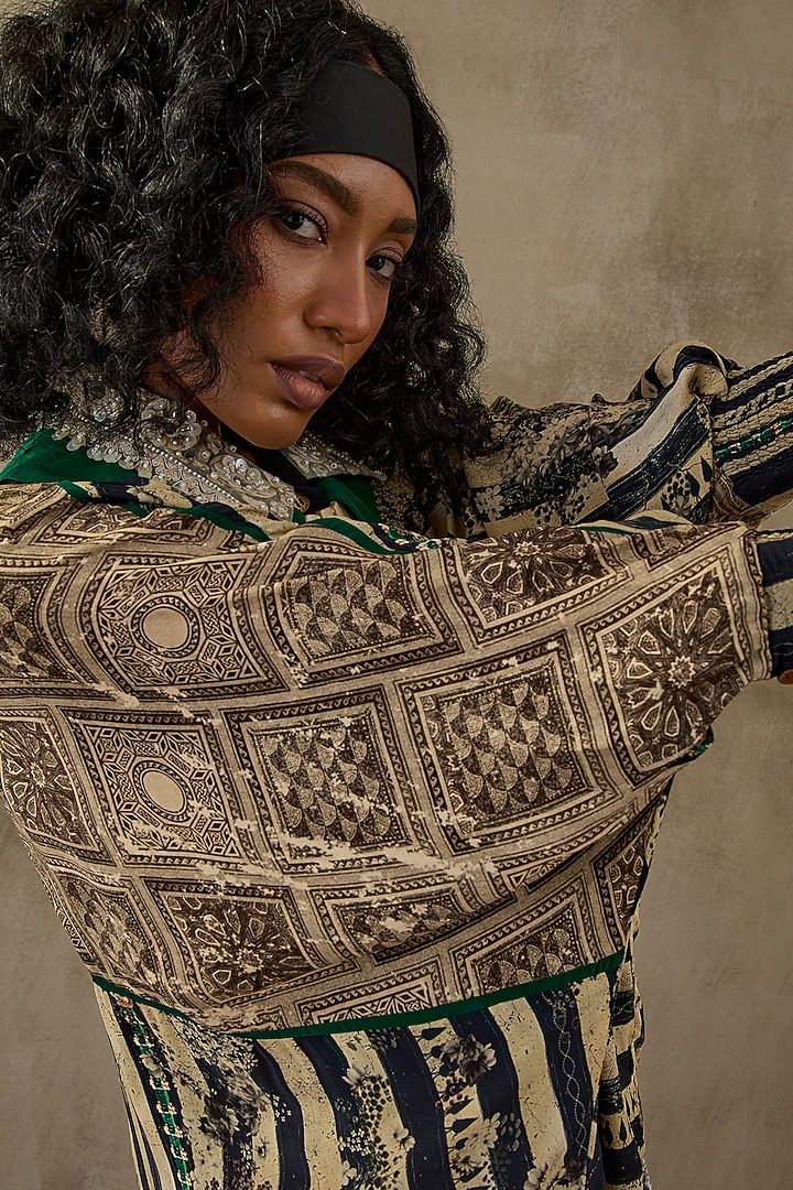 Black & White Natural Crepe Trapeze Printed & Embroidered Shirt by ASEEM KAPOOR at Pernia's Pop Up Shop