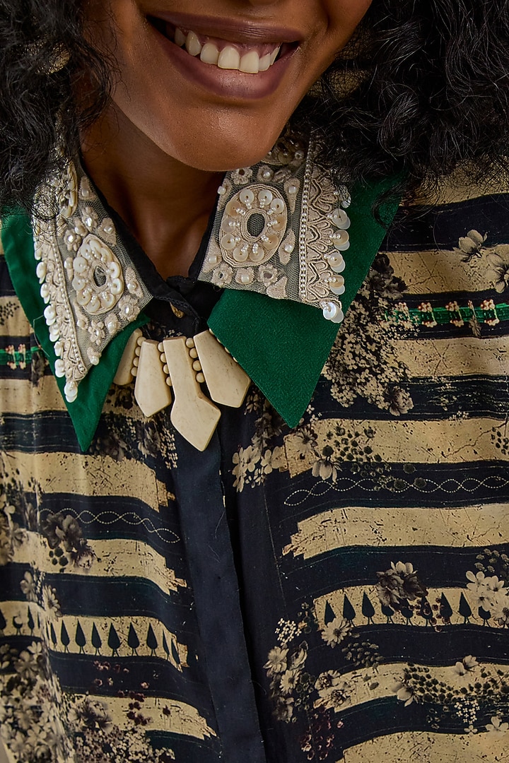Black & White Natural Crepe Trapeze Printed & Embroidered Shirt by ASEEM KAPOOR at Pernia's Pop Up Shop