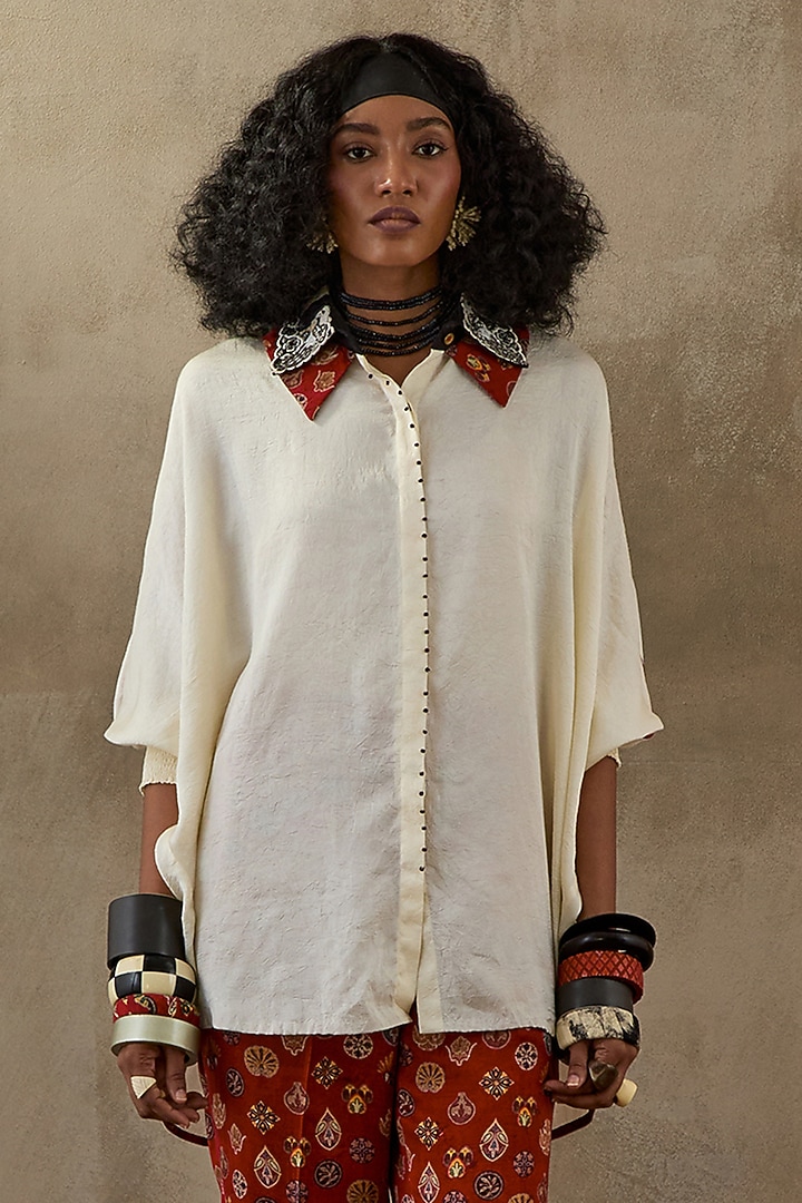Mogra White Crushed Silk Embroidered Shirt by ASEEM KAPOOR at Pernia's Pop Up Shop