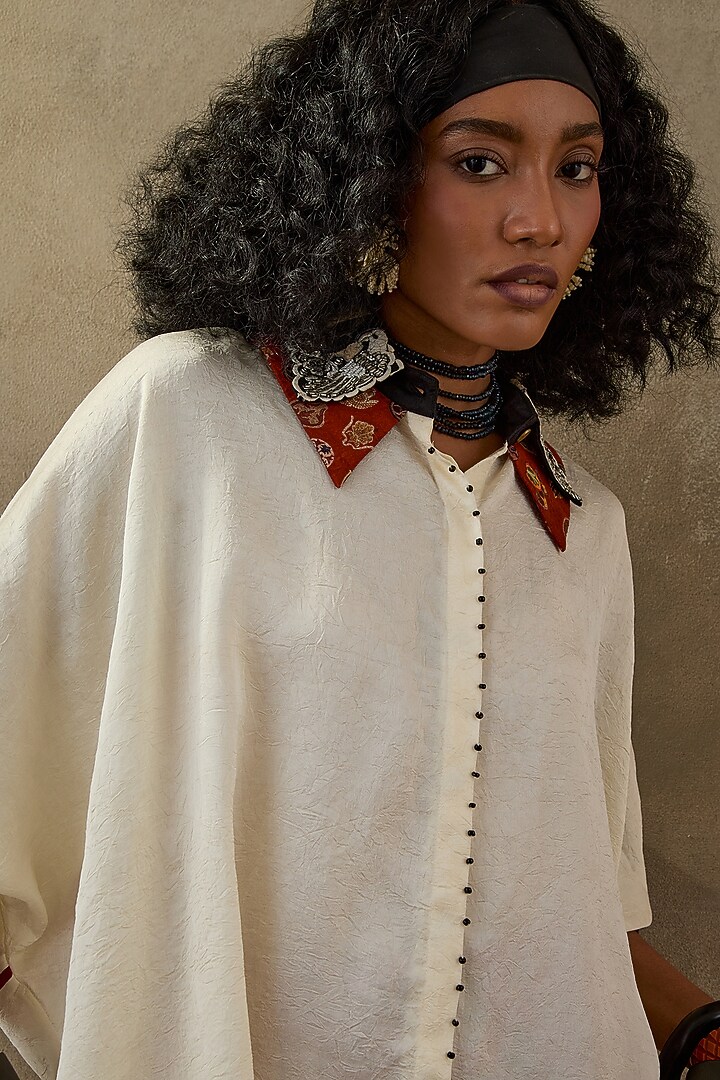 Mogra White Crushed Silk Embroidered Shirt by ASEEM KAPOOR at Pernia's Pop Up Shop