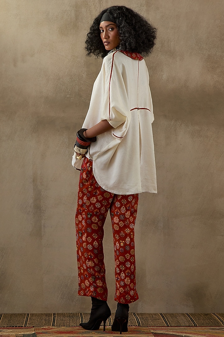 Sindoor Red Slub Satin Printed Pant Set by ASEEM KAPOOR at Pernia's Pop Up Shop
