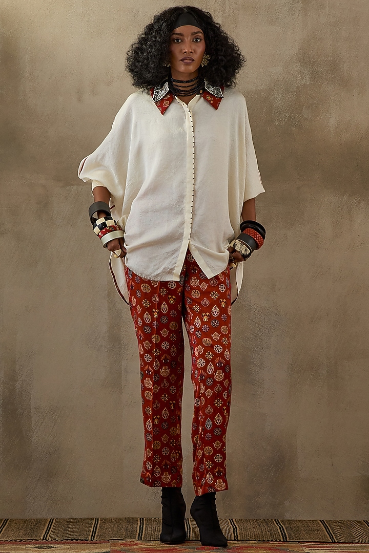 Sindoor Red Slub Satin Printed Pant Set by ASEEM KAPOOR at Pernia's Pop Up Shop
