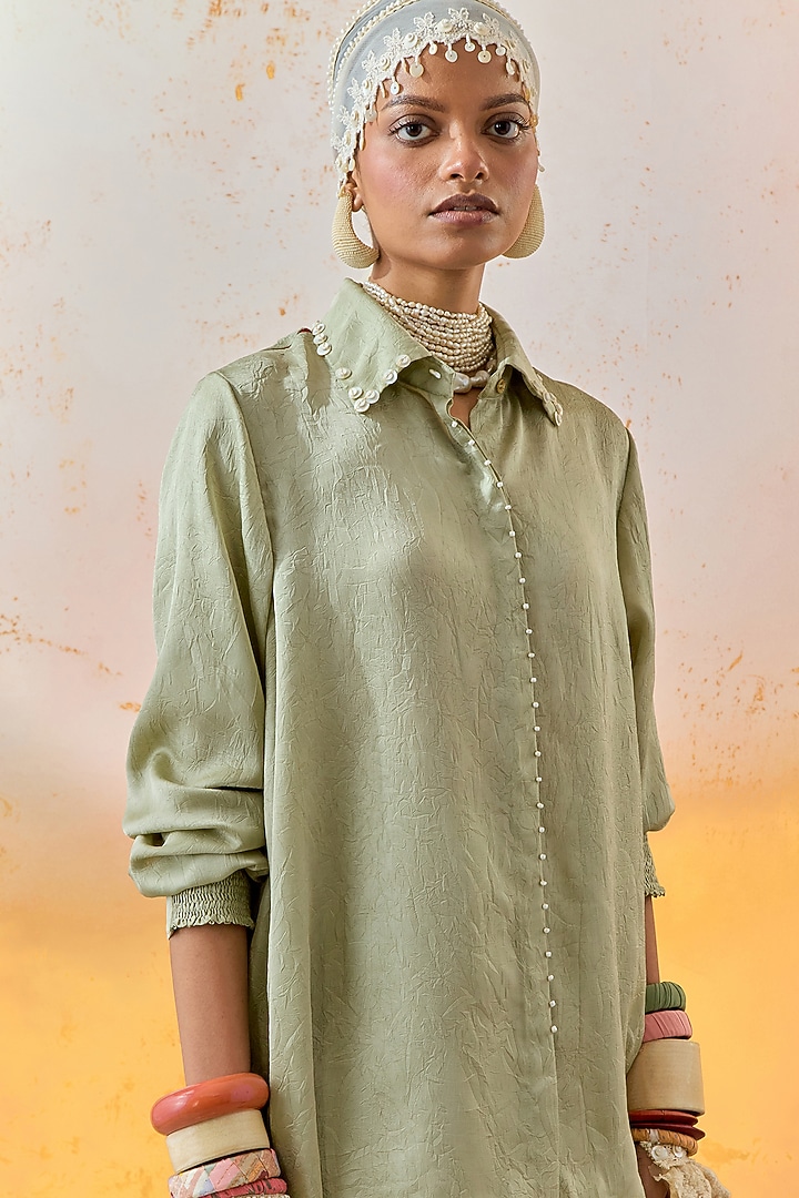 Jade Green Crushed Silk Bead Work Shirt by ASEEM KAPOOR at Pernia's Pop Up Shop