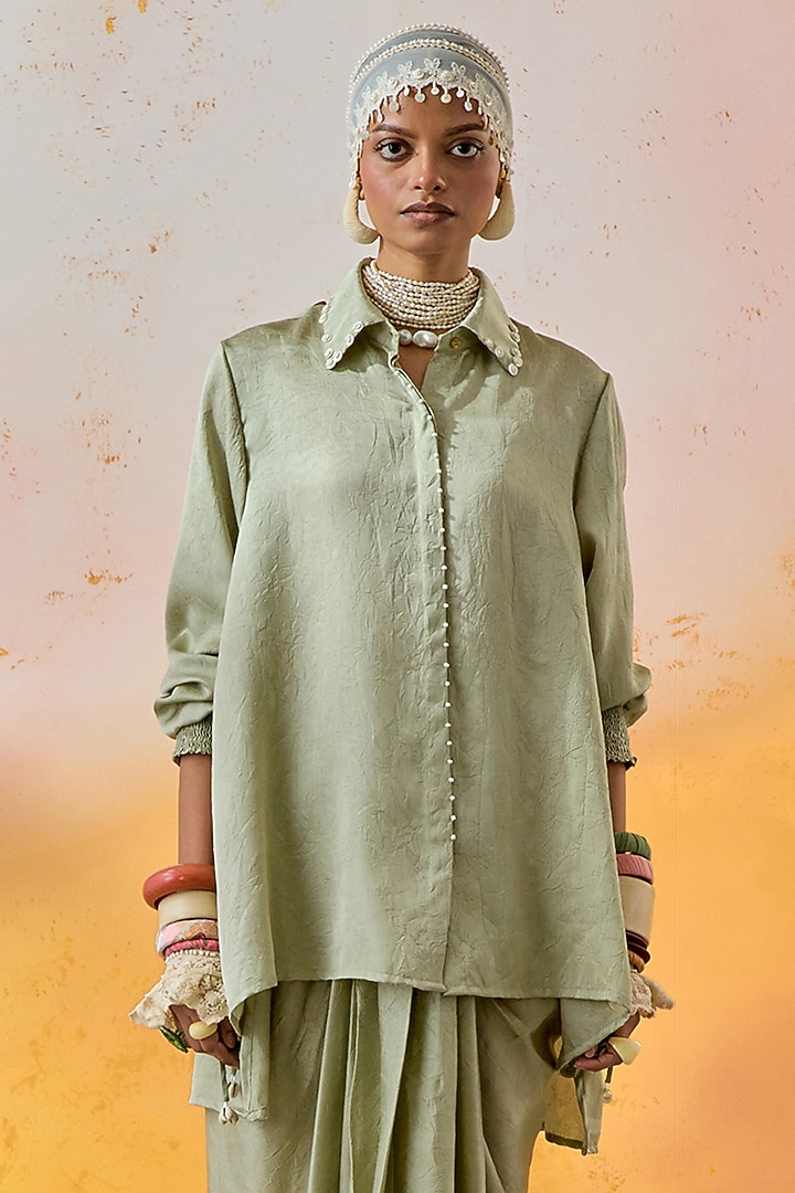 Jade Green Crushed Silk Pleated Skirt Set by ASEEM KAPOOR at Pernia's Pop Up Shop