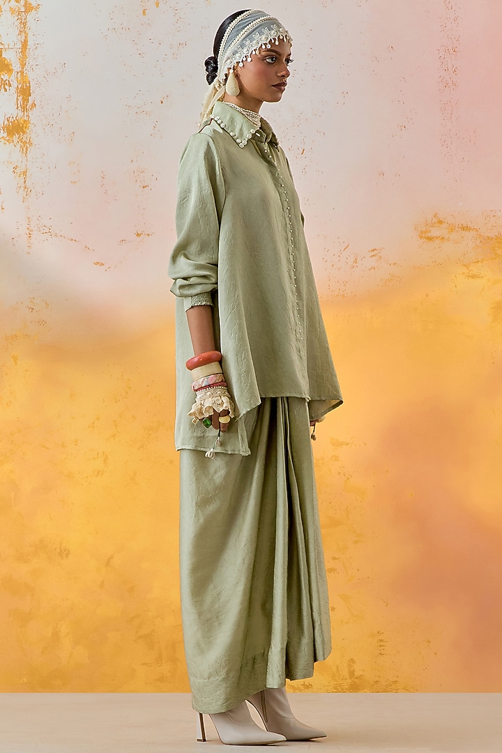 Jade Green Crushed Silk Pleated Skirt Set by ASEEM KAPOOR at Pernia's Pop Up Shop