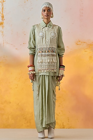 Jade Green Crushed Silk Embroidered Shirt With Bib by ASEEM KAPOOR