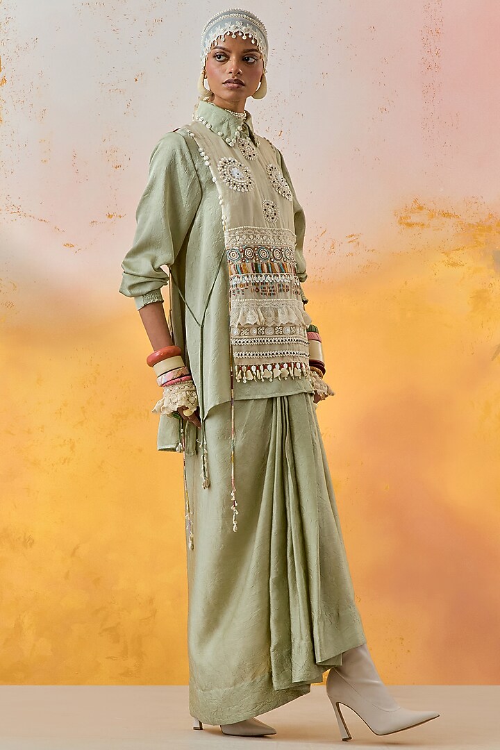 Jade Green Crushed Silk Embroidered Shirt With Bib by ASEEM KAPOOR at Pernia's Pop Up Shop
