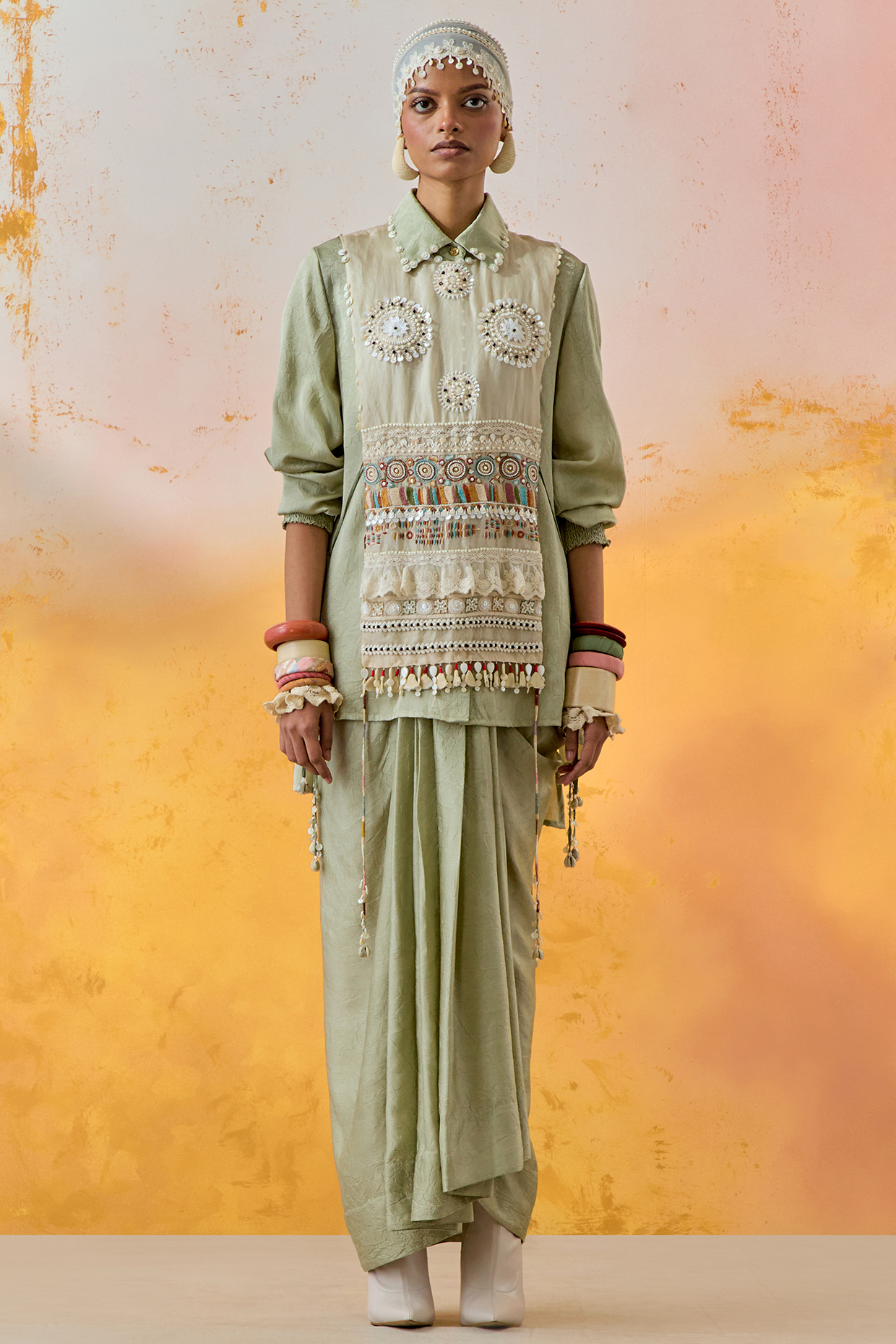 Jade Green Crushed Silk Pleated Skirt Set by ASEEM KAPOOR at Pernia's Pop Up Shop