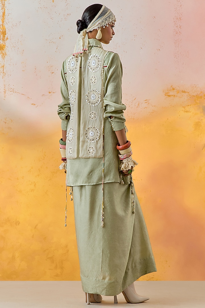 Jade Green Crushed Silk Pleated Skirt Set by ASEEM KAPOOR at Pernia's Pop Up Shop