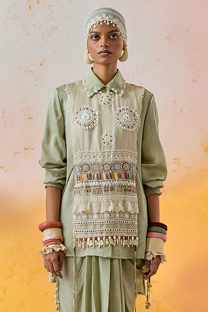 Jade Green Crushed Silk Pleated Skirt Set by ASEEM KAPOOR at Pernia's Pop Up Shop