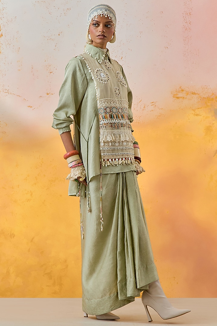 Jade Green Crushed Silk Pleated Skirt Set by ASEEM KAPOOR at Pernia's Pop Up Shop