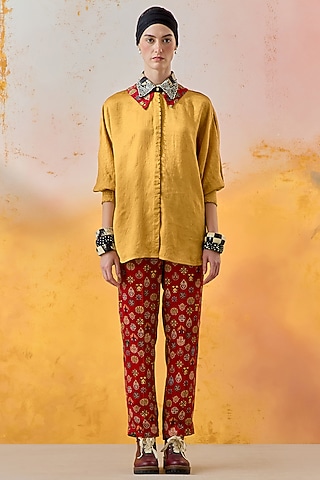 Topaz Yellow Crushed Silk Embroidered Shirt by ASEEM KAPOOR