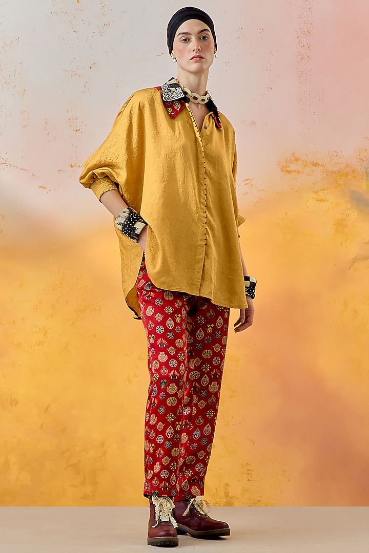 Topaz Yellow Crushed Silk Embroidered Shirt by ASEEM KAPOOR at Pernia's Pop Up Shop