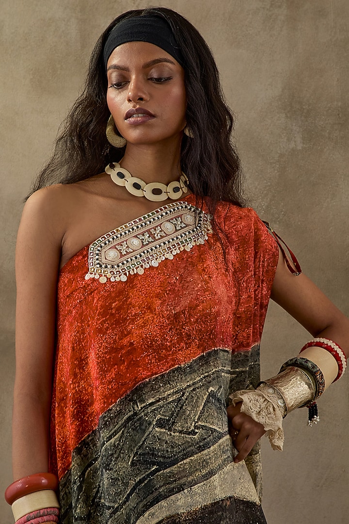 Multi-Colored Natural Crepe Printed & Embroidered One Shoulder Vacation Dress by ASEEM KAPOOR at Pernia's Pop Up Shop