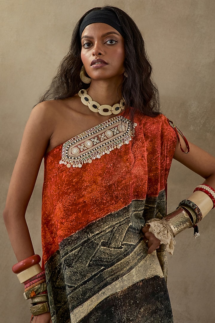 Multi-Colored Natural Crepe Printed & Embroidered One Shoulder Vacation Dress by ASEEM KAPOOR at Pernia's Pop Up Shop