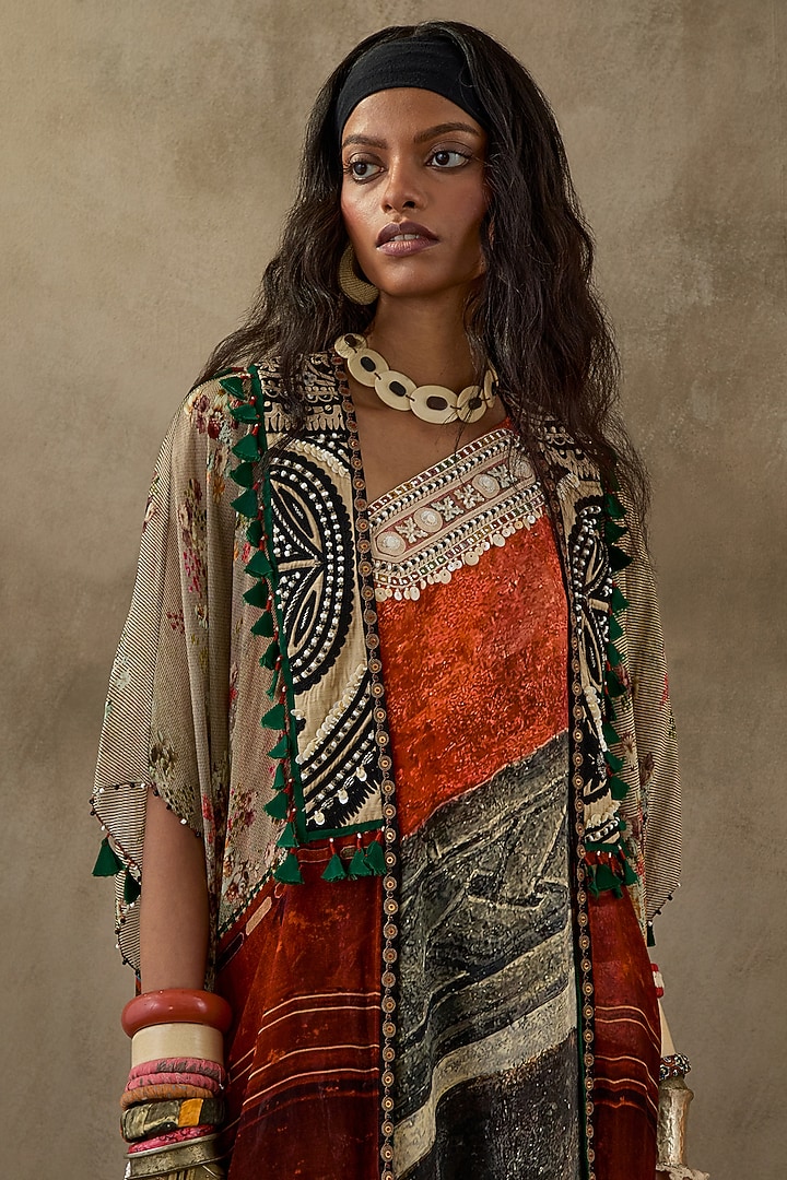 Multi-Colored Natural Crepe Printed & Embroidered Jacket Party Wear Dress by ASEEM KAPOOR at Pernia's Pop Up Shop