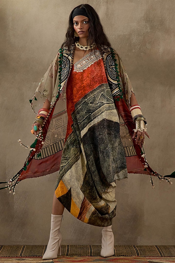 Multi-Colored Natural Crepe Printed & Embroidered Jacket Party Wear Dress by ASEEM KAPOOR at Pernia's Pop Up Shop
