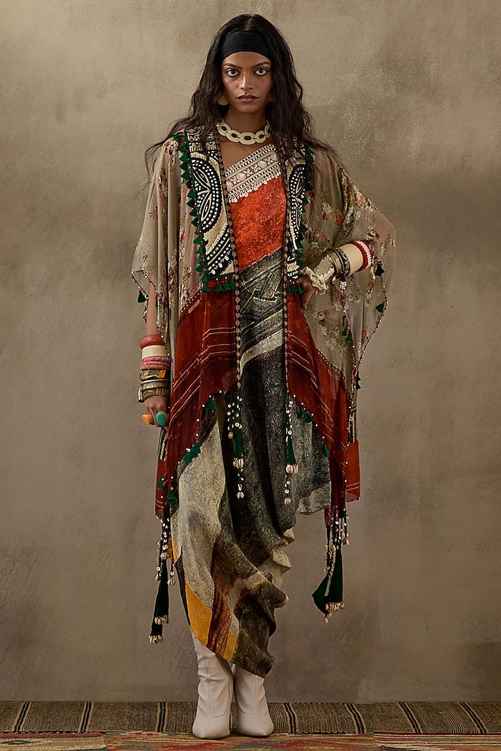 Multi-Colored Natural Crepe Printed & Embroidered Jacket Party Wear Dress by ASEEM KAPOOR at Pernia's Pop Up Shop