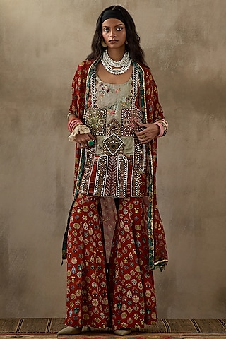 Multi-Colored Slub Satin Printed Sharara Set by ASEEM KAPOOR