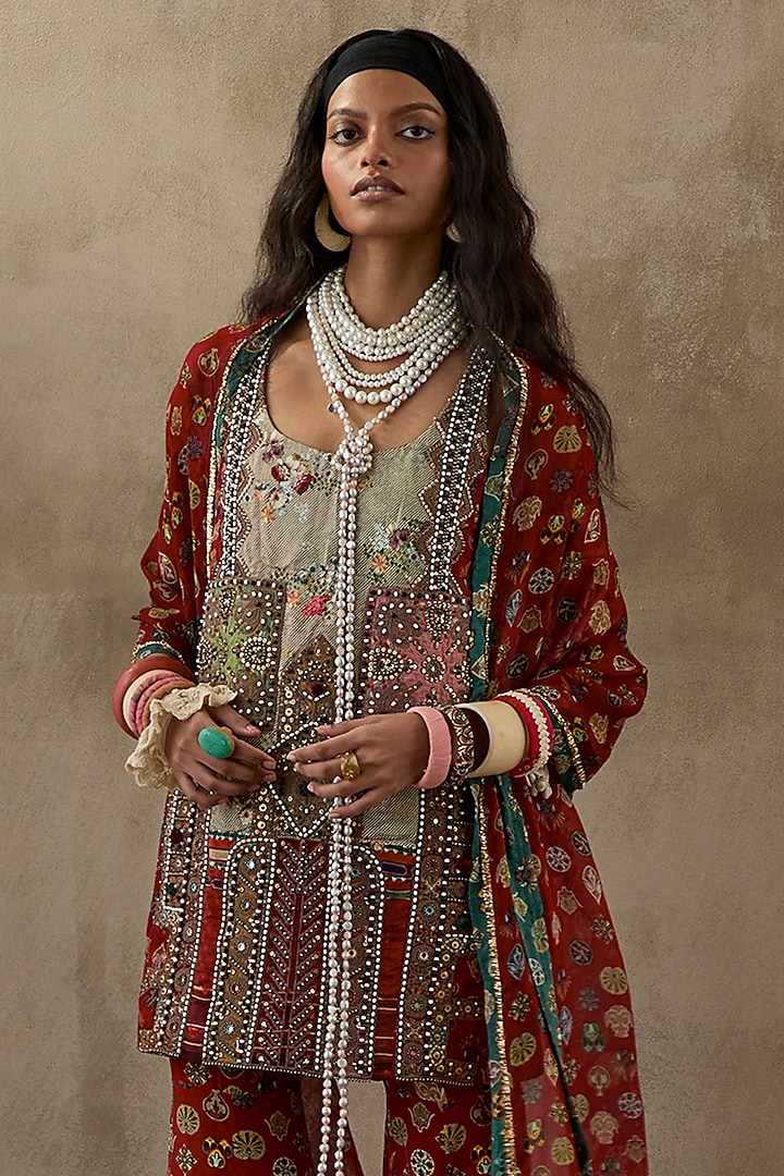 Multi-Colored Slub Satin Printed Wedding Sharara Set by ASEEM KAPOOR at Pernia's Pop Up Shop