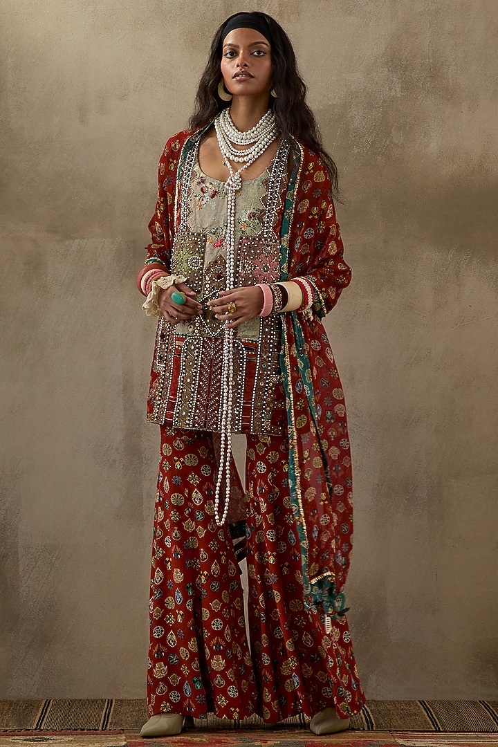 Multi-Colored Slub Satin Printed Wedding Sharara Set by ASEEM KAPOOR at Pernia's Pop Up Shop