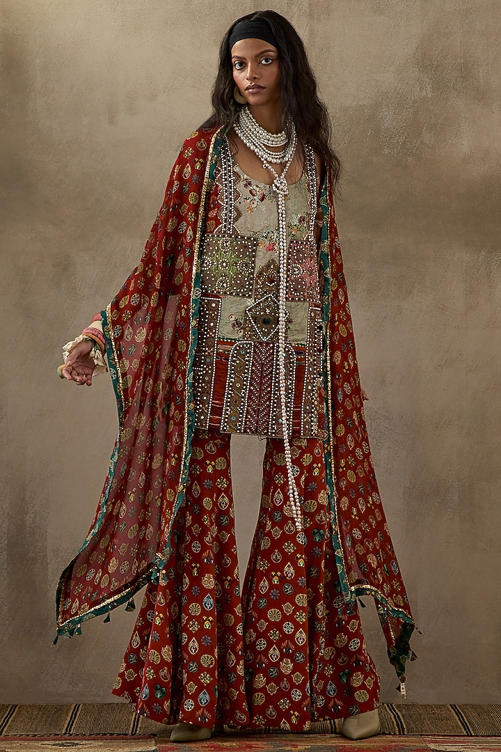 Multi-Colored Slub Satin Printed Wedding Sharara Set by ASEEM KAPOOR at Pernia's Pop Up Shop