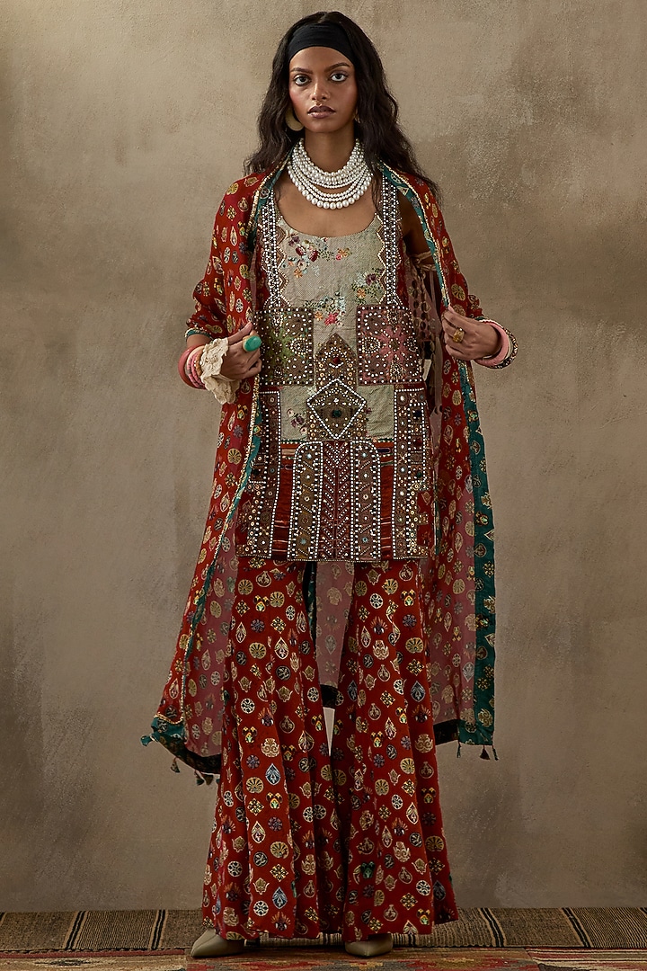 Multi-Colored Slub Satin Printed Wedding Sharara Set by ASEEM KAPOOR at Pernia's Pop Up Shop