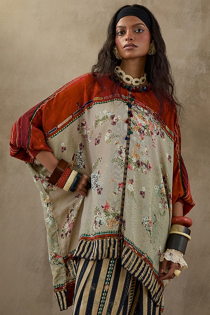 Multi-Colored Natural Crepe Embroidered & Printed Kurta Set by ASEEM KAPOOR at Pernia's Pop Up Shop