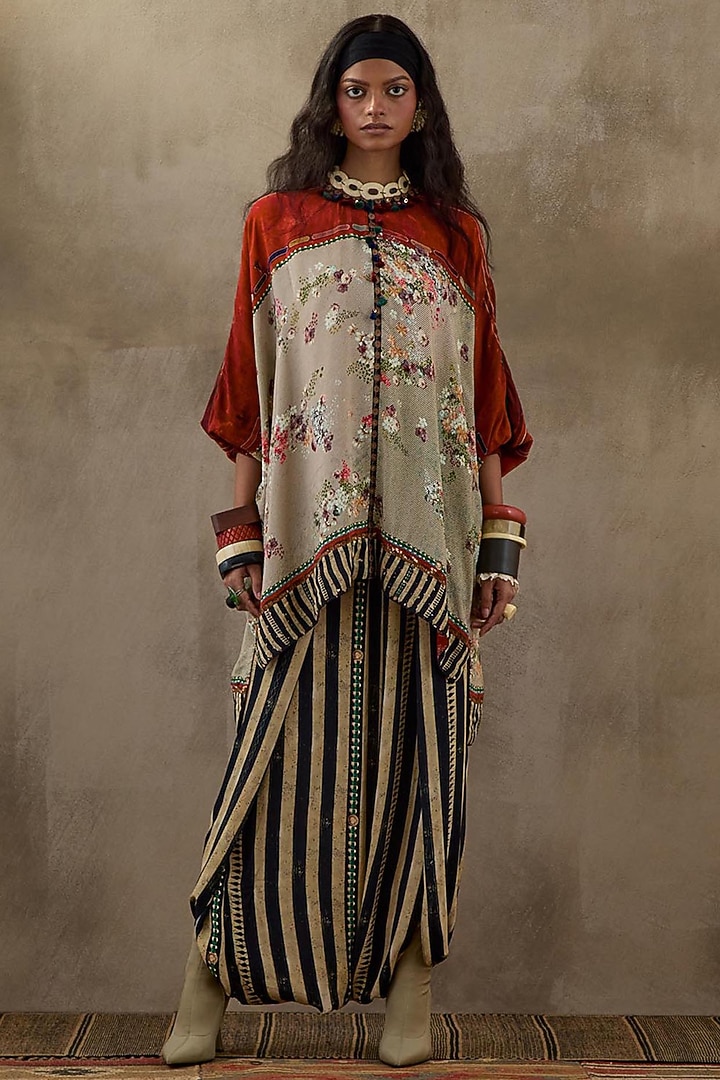 Multi-Colored Natural Crepe Embroidered & Printed Kurta Set by ASEEM KAPOOR at Pernia's Pop Up Shop