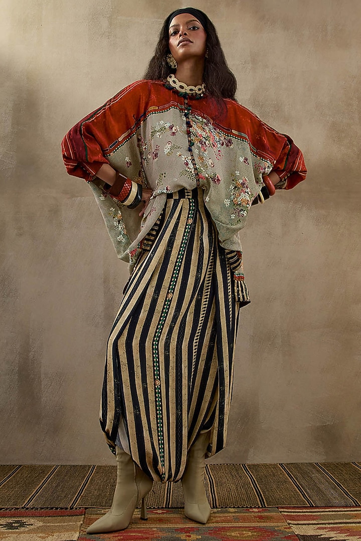 Multi-Colored Natural Crepe Embroidered & Printed Kurta Set by ASEEM KAPOOR at Pernia's Pop Up Shop