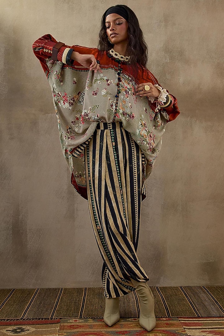 Multi-Colored Natural Crepe Embroidered & Printed Kurta Set by ASEEM KAPOOR at Pernia's Pop Up Shop