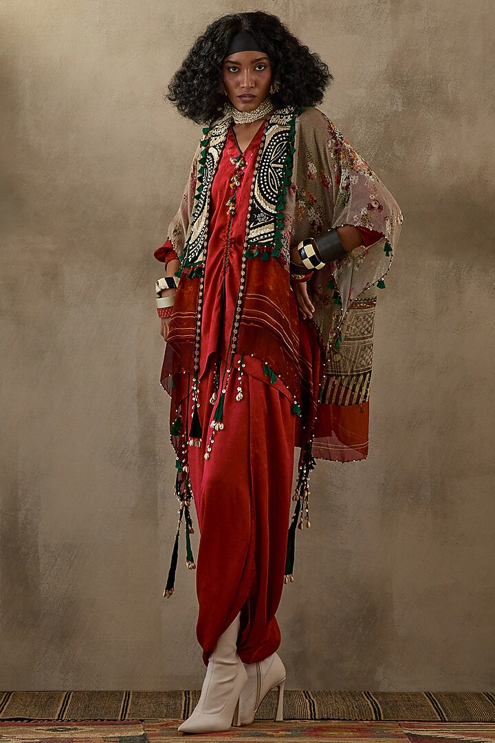 Sindoor Red Crushed Silk Jacket Kurta Set by ASEEM KAPOOR at Pernia's Pop Up Shop
