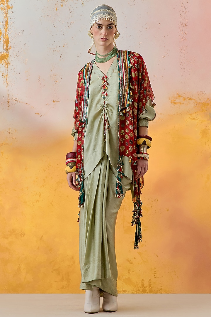 Jade Green Crushed Silk Textured Draped Skirt Set by ASEEM KAPOOR at Pernia's Pop Up Shop