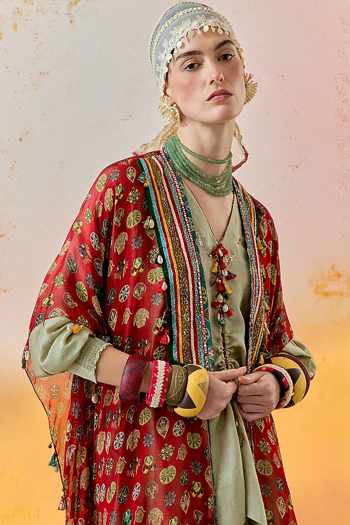 Jade Green Crushed Silk Textured Draped Skirt Set by ASEEM KAPOOR at Pernia's Pop Up Shop