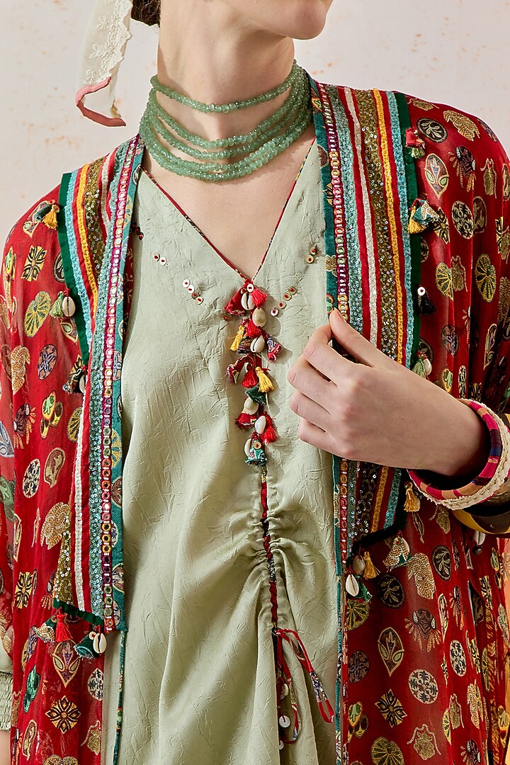 Jade Green Crushed Silk Textured Draped Skirt Set by ASEEM KAPOOR at Pernia's Pop Up Shop