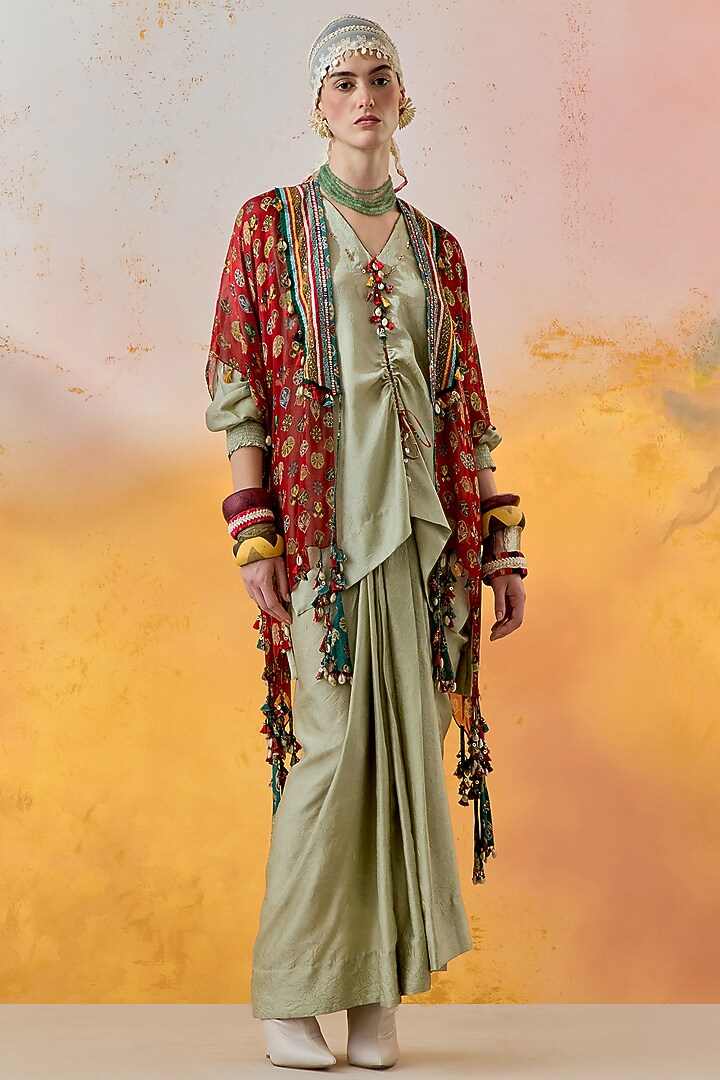 Jade Green Crushed Silk Textured Draped Skirt Set by ASEEM KAPOOR at Pernia's Pop Up Shop