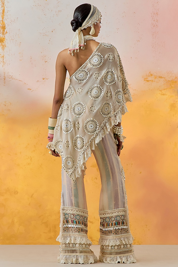 Ivory Sheer Silk Embroidered Bootleg Pant Set by ASEEM KAPOOR at Pernia's Pop Up Shop