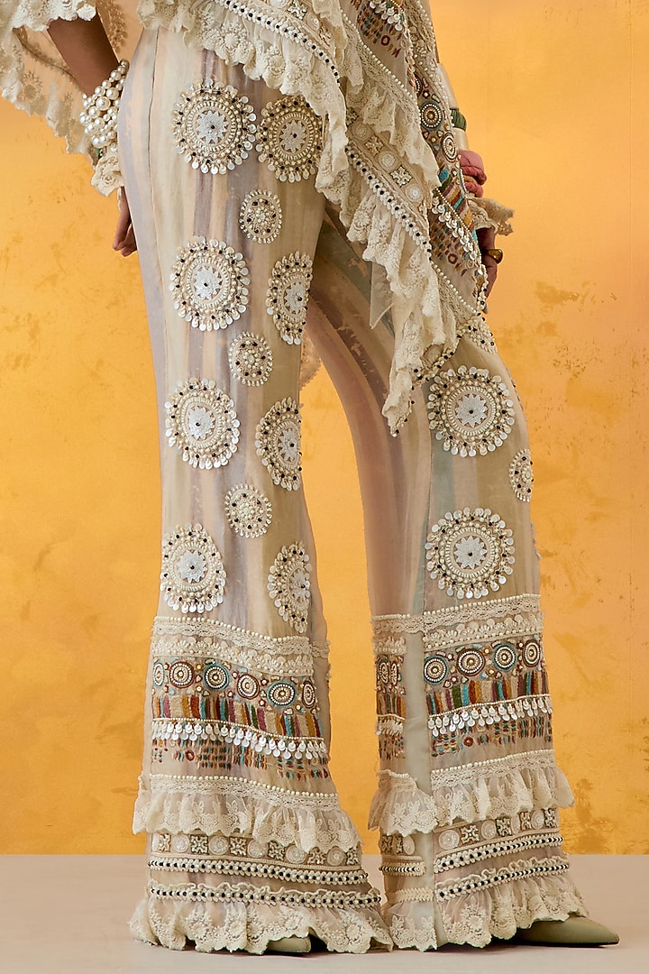Ivory Sheer Silk Embroidered Bootleg Pant Set by ASEEM KAPOOR at Pernia's Pop Up Shop