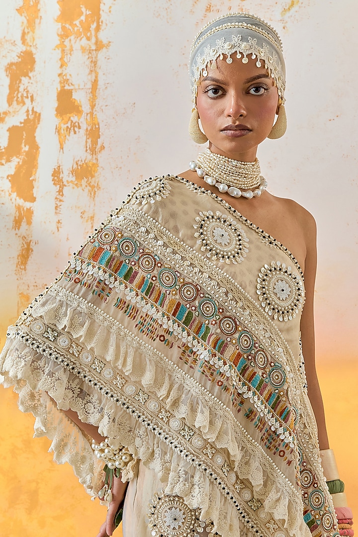 Ivory Sheer Silk Embroidered Bootleg Pant Set by ASEEM KAPOOR at Pernia's Pop Up Shop