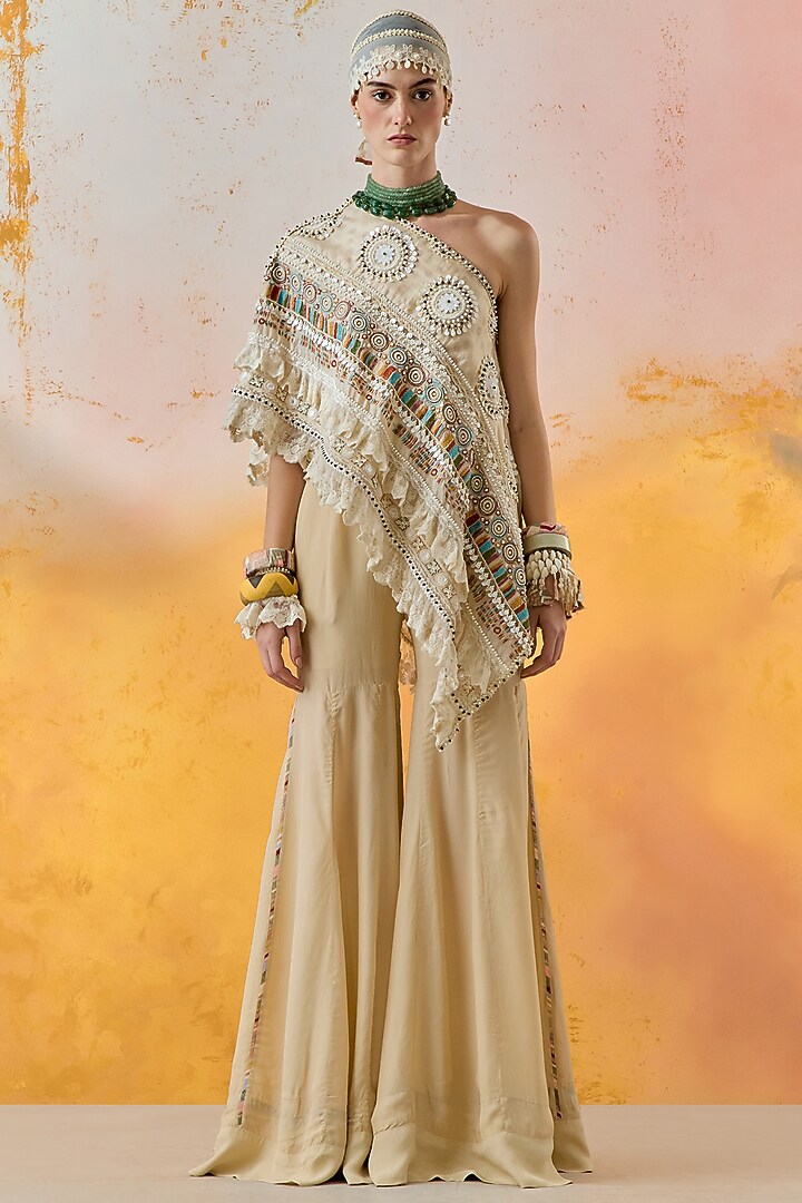 Ivory Natural Crepe Wedding Sharara Set by ASEEM KAPOOR at Pernia's Pop Up Shop