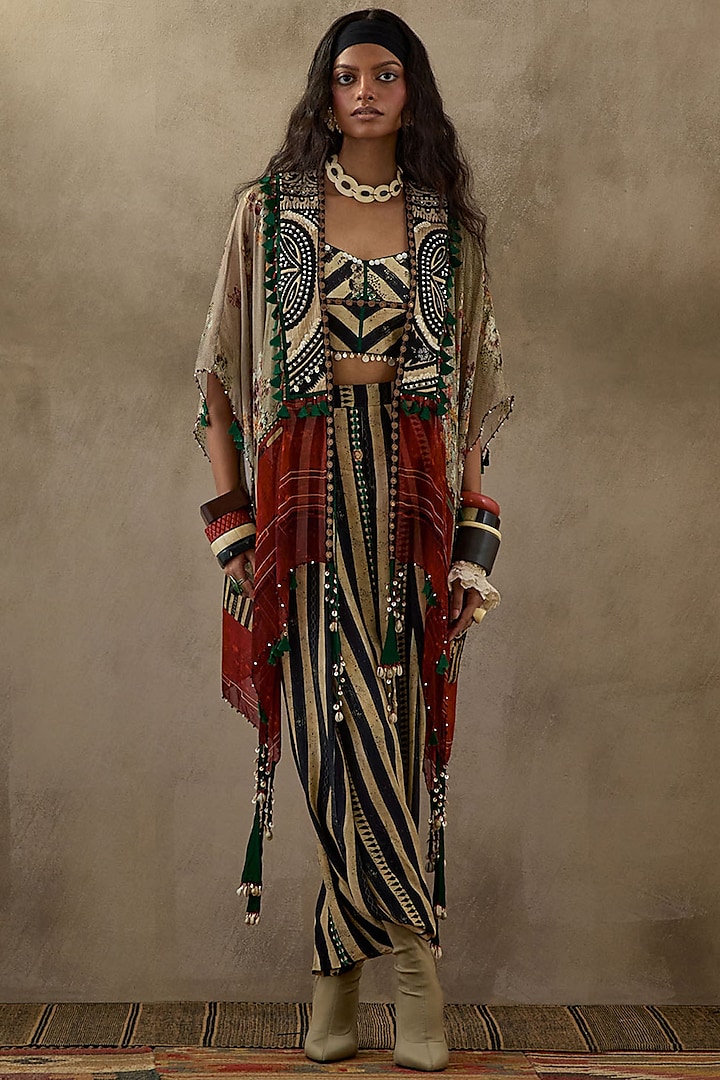 Black & White Sheer Silk Printed & Embroidered Jacket Set by ASEEM KAPOOR at Pernia's Pop Up Shop