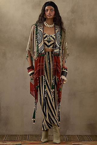 Black & White Sheer Silk Printed & Embroidered Jacket Set by ASEEM KAPOOR
