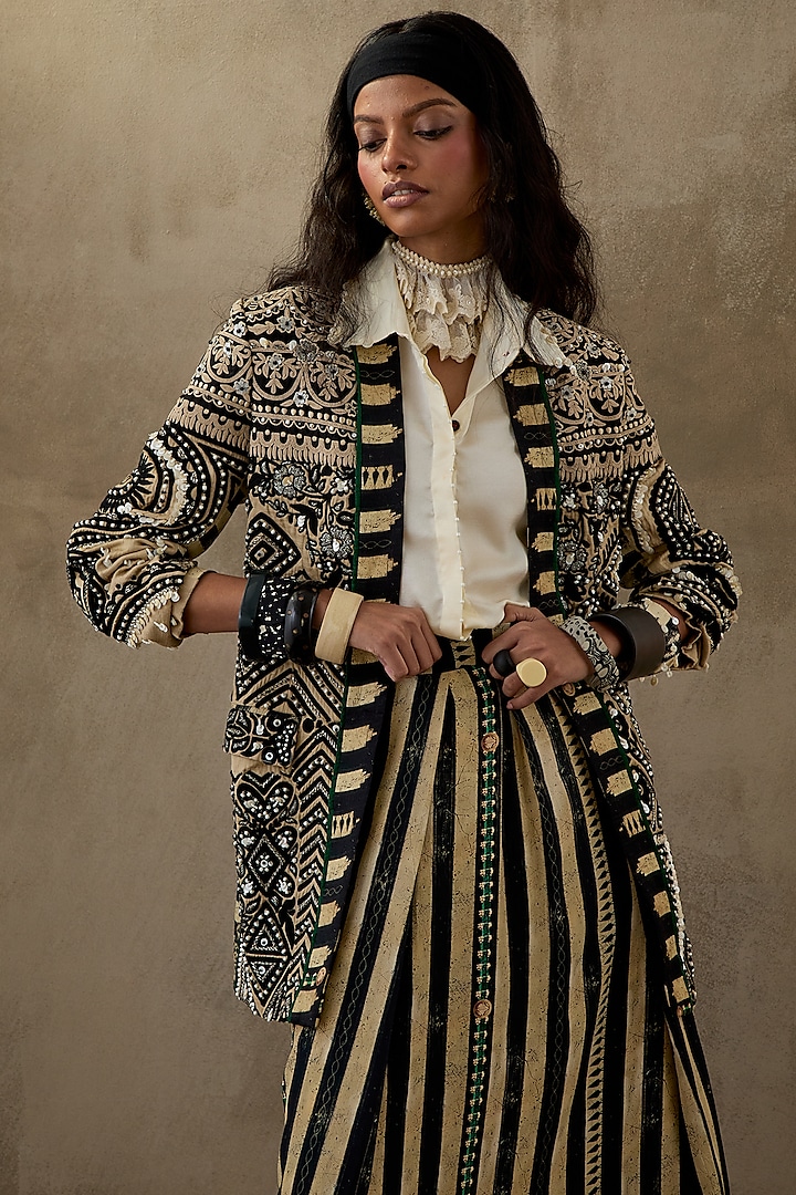Black & White Slub Satin Embroidered Open Jacket by ASEEM KAPOOR at Pernia's Pop Up Shop
