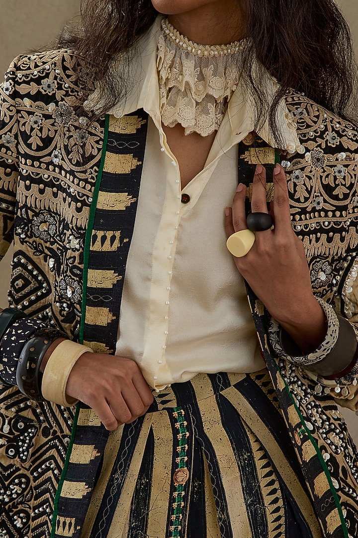 Black & White Slub Satin Embroidered Jacket Set by ASEEM KAPOOR at Pernia's Pop Up Shop