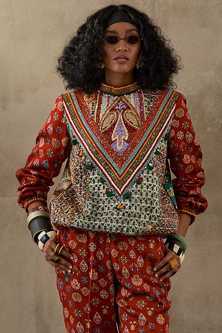 Multi-Colored Slub Satin Printed Pant Set by ASEEM KAPOOR at Pernia's Pop Up Shop