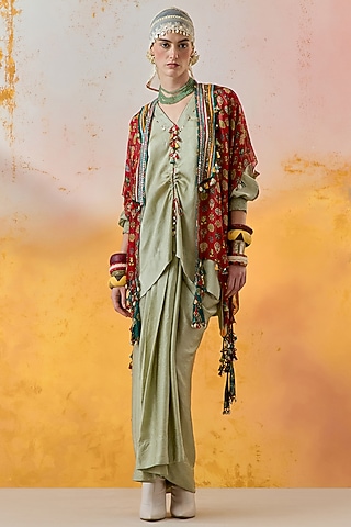 Sindoor Red Sheer Silk Embroidered & Printed Jacket by ASEEM KAPOOR