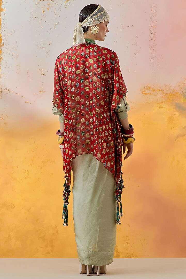 Sindoor Red Sheer Silk Embroidered & Printed Jacket by ASEEM KAPOOR at Pernia's Pop Up Shop